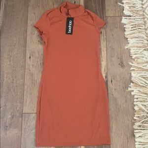 Brick orange Boohoo dress with high neck